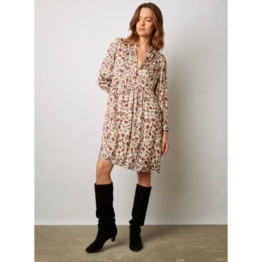 Gerard Darel Paris Jarry Floral Satin Dress Long Sleeve A-Line Mini Multicolor 6